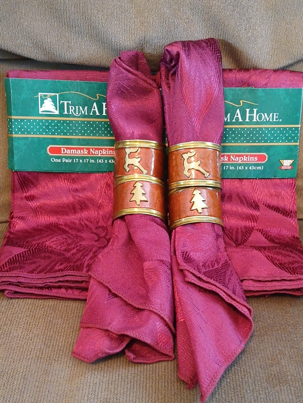 Trim A Home Burgundy Damask Napkins - Set of 2 with Festive Napkin Rings